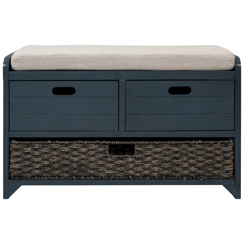 Rustic Wood Storage Bench with Cushioned Seat - 2 Drawers & Basket