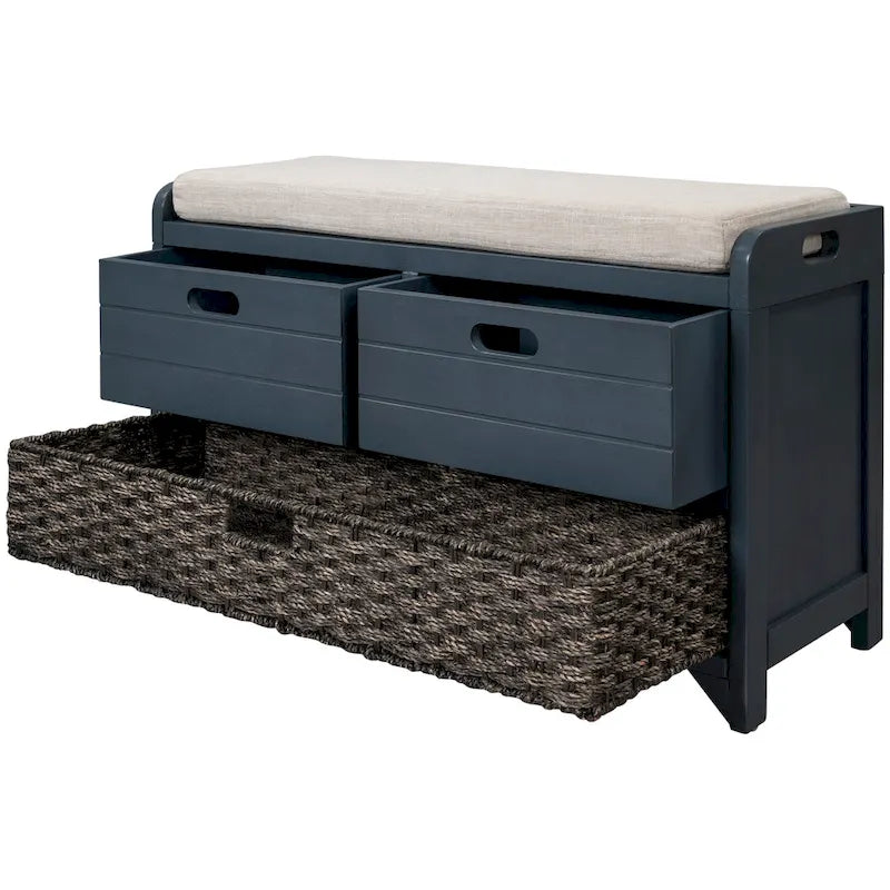 Rustic Wood Storage Bench with Cushioned Seat - 2 Drawers & Basket