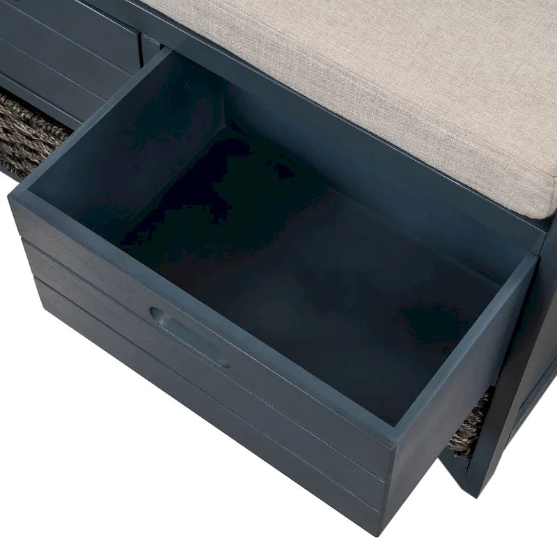Rustic Wood Storage Bench with Cushioned Seat - 2 Drawers & Basket