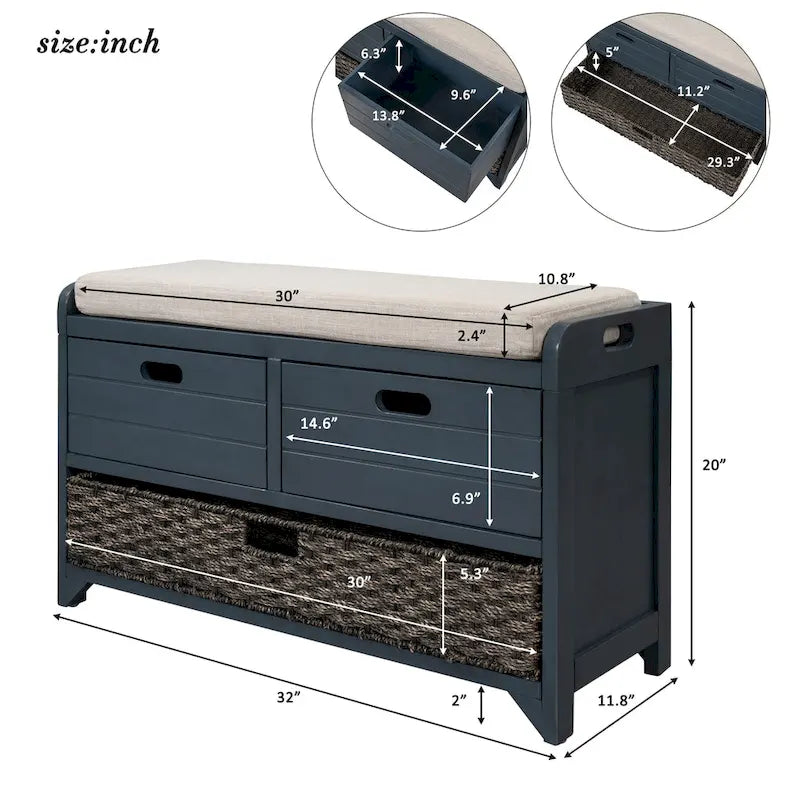 Rustic Wood Storage Bench with Cushioned Seat - 2 Drawers & Basket
