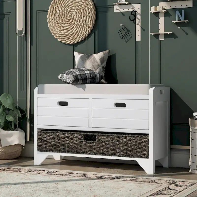 Rustic Wood Storage Bench with Cushioned Seat - 2 Drawers & Basket