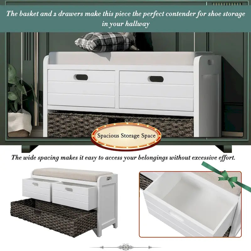 Rustic Wood Storage Bench with Cushioned Seat - 2 Drawers & Basket