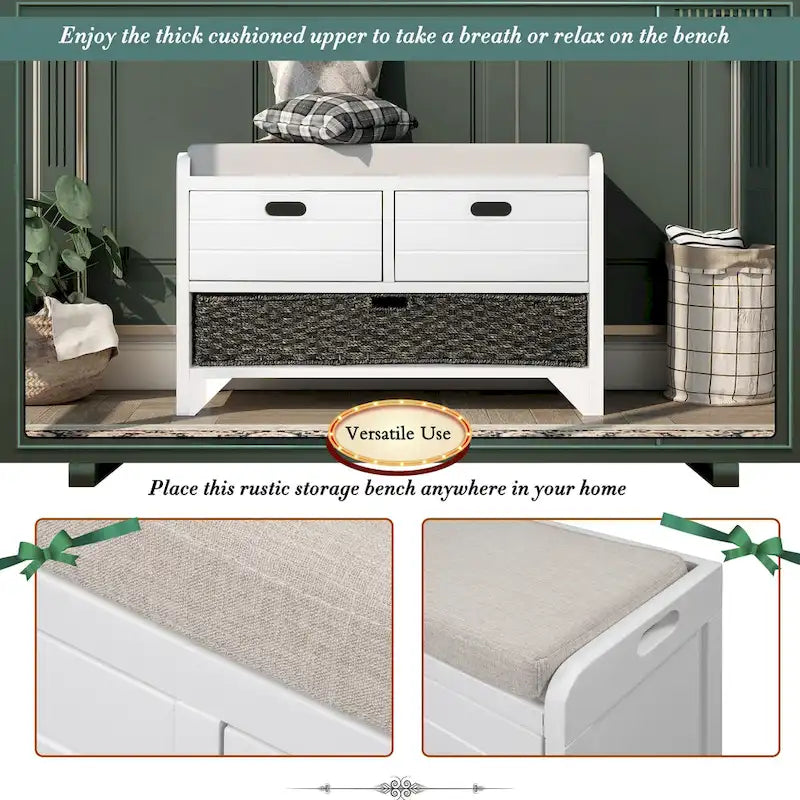 Rustic Wood Storage Bench with Cushioned Seat - 2 Drawers & Basket