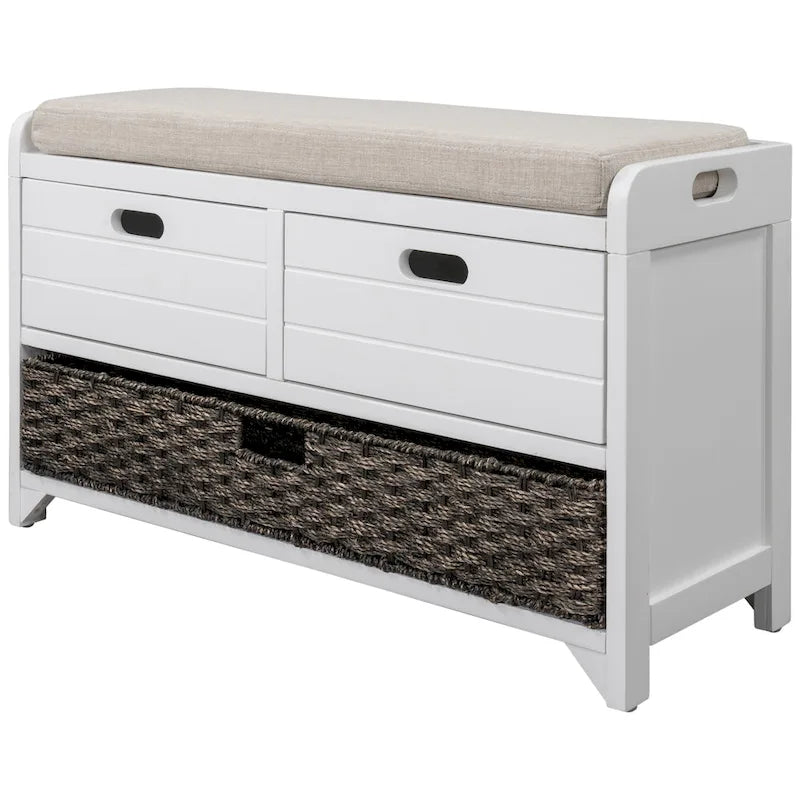 Rustic Wood Storage Bench with Cushioned Seat - 2 Drawers & Basket