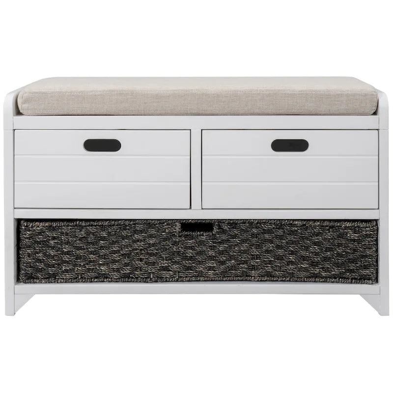 Rustic Wood Storage Bench with Cushioned Seat - 2 Drawers & Basket