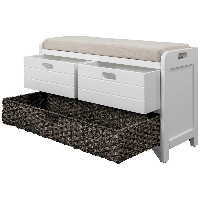 Rustic Wood Storage Bench with Cushioned Seat - 2 Drawers & Basket