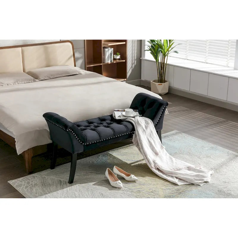 Velvet Tufted Accent Bench with Armrests - Button Tufted Design