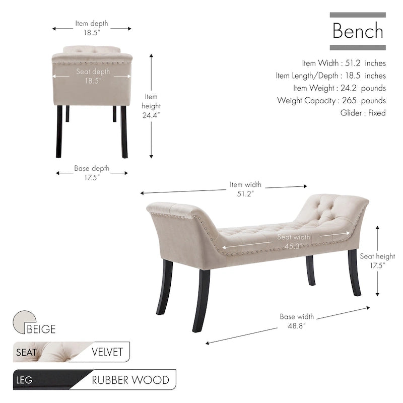 Velvet Tufted Accent Bench with Armrests - Button Tufted Design