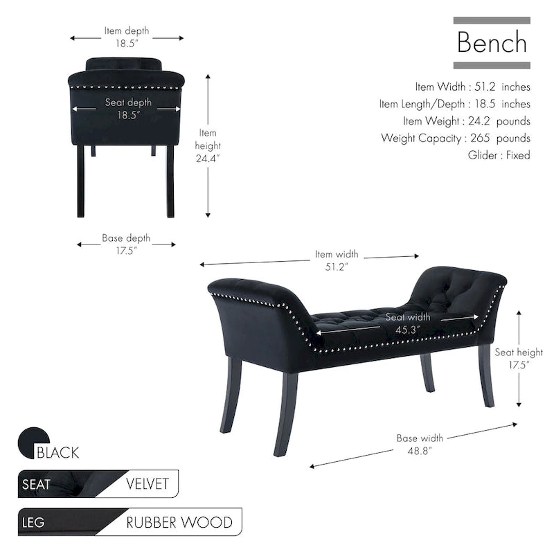 Velvet Tufted Accent Bench with Armrests - Button Tufted Design