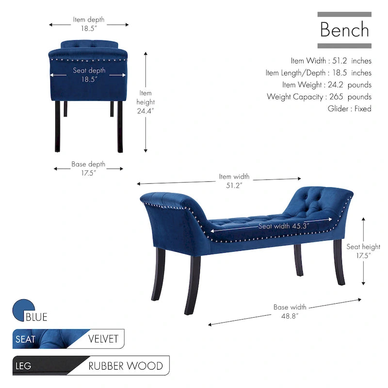 Velvet Tufted Accent Bench with Armrests - Button Tufted Design
