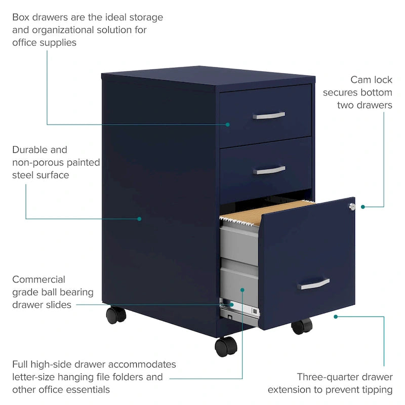 Navy 3-Drawer Mobile File Cabinet with Wheels