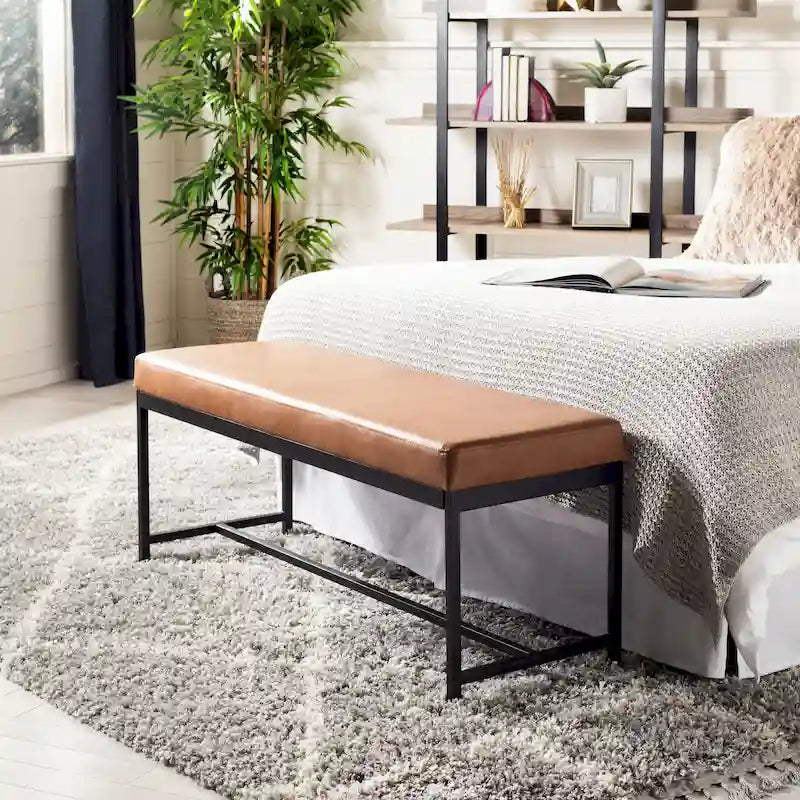 Brown Faux Leather Bench with Metal Legs