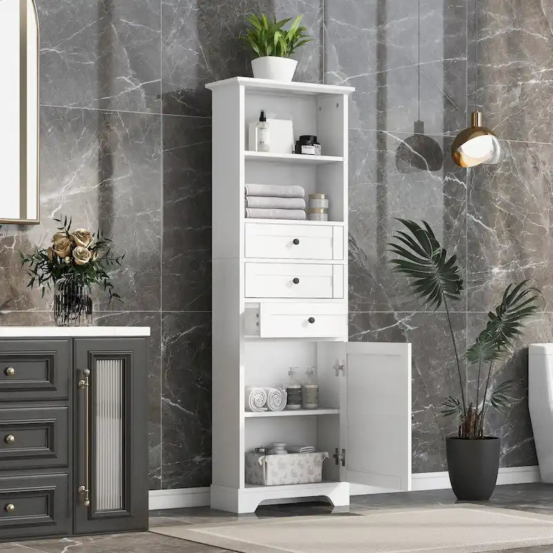 White Tall Storage Cabinet with 3 Drawers - Multi-User