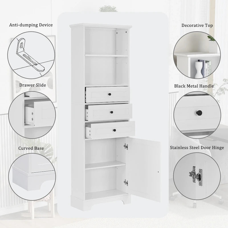 White Tall Storage Cabinet with 3 Drawers - Multi-User