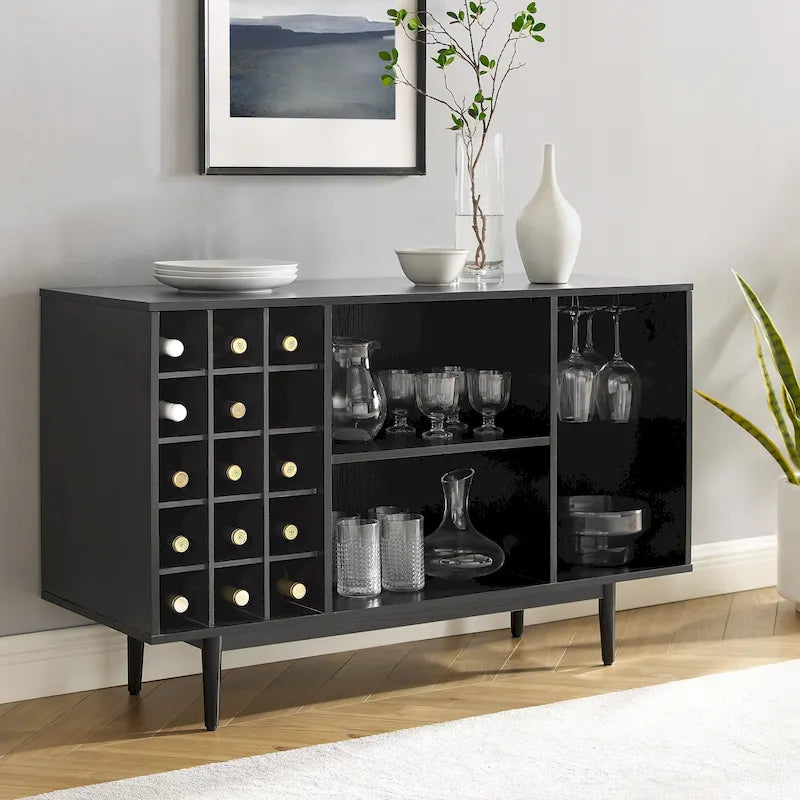 Black Wine Storage Sideboard - Mid-Century Modern Style - 15 Bottle Capacity