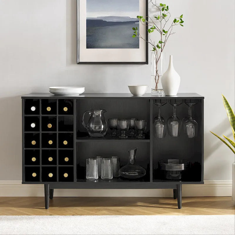 Black Wine Storage Sideboard - Mid-Century Modern Style - 15 Bottle Capacity