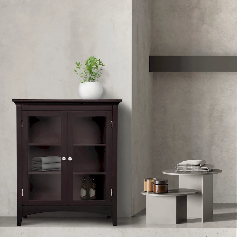 Espresso Two-Door Floor Cabinet with Glass Panels