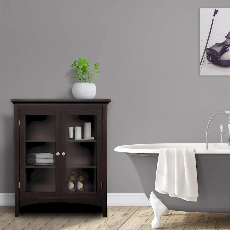 Espresso Two-Door Floor Cabinet with Glass Panels