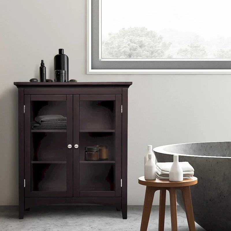 Espresso Two-Door Floor Cabinet with Glass Panels