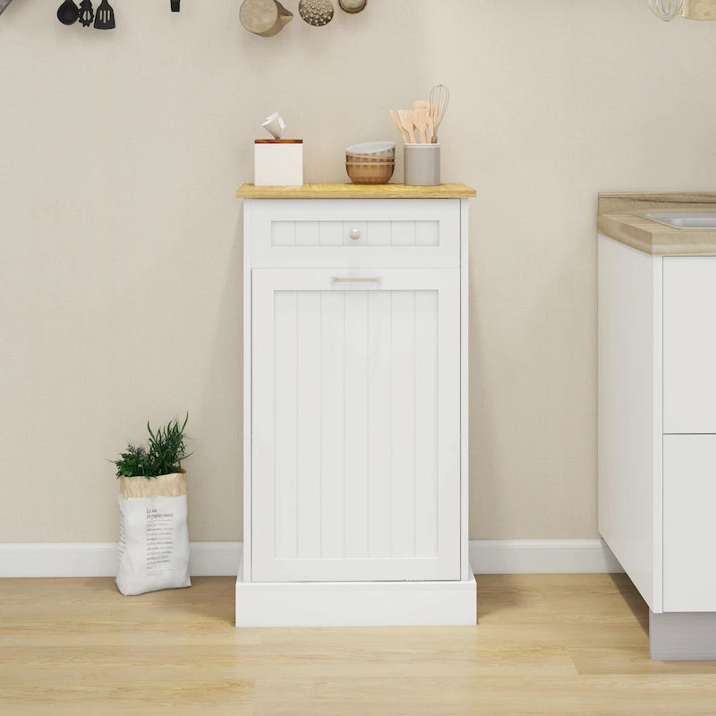 White Tilt-Out Trash Cabinet with Drawer - Single Compartment for Kitchen
