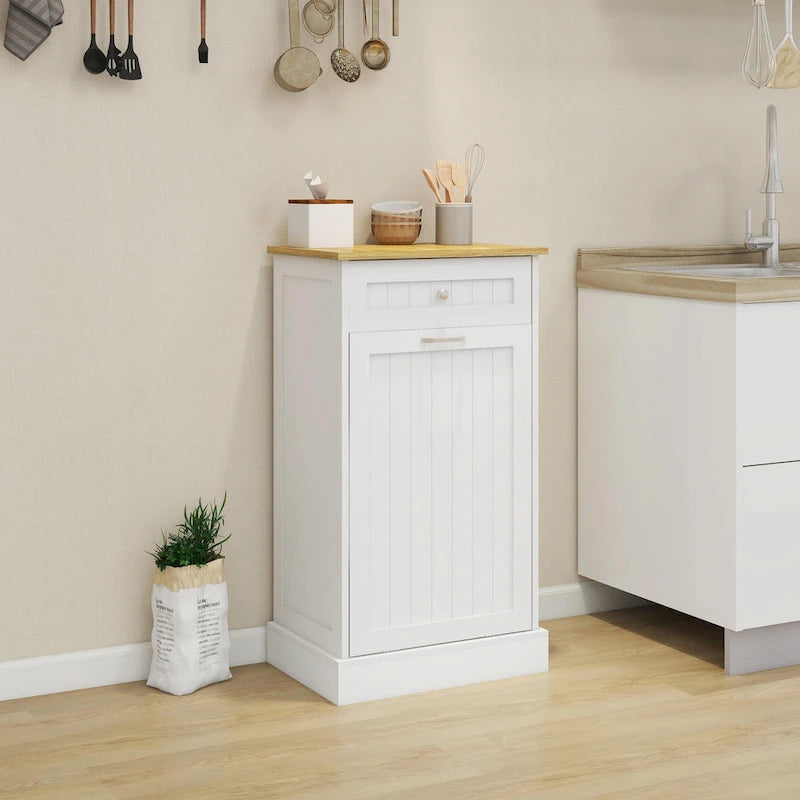 White Tilt-Out Trash Cabinet with Drawer - Single Compartment for Kitchen