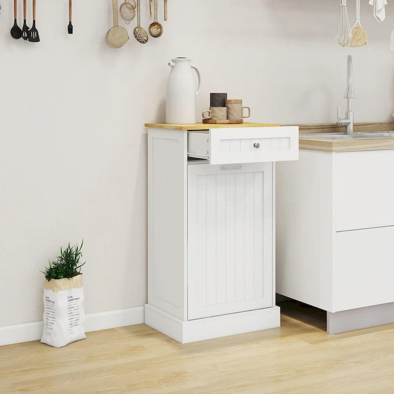 White Tilt-Out Trash Cabinet with Drawer - Single Compartment for Kitchen
