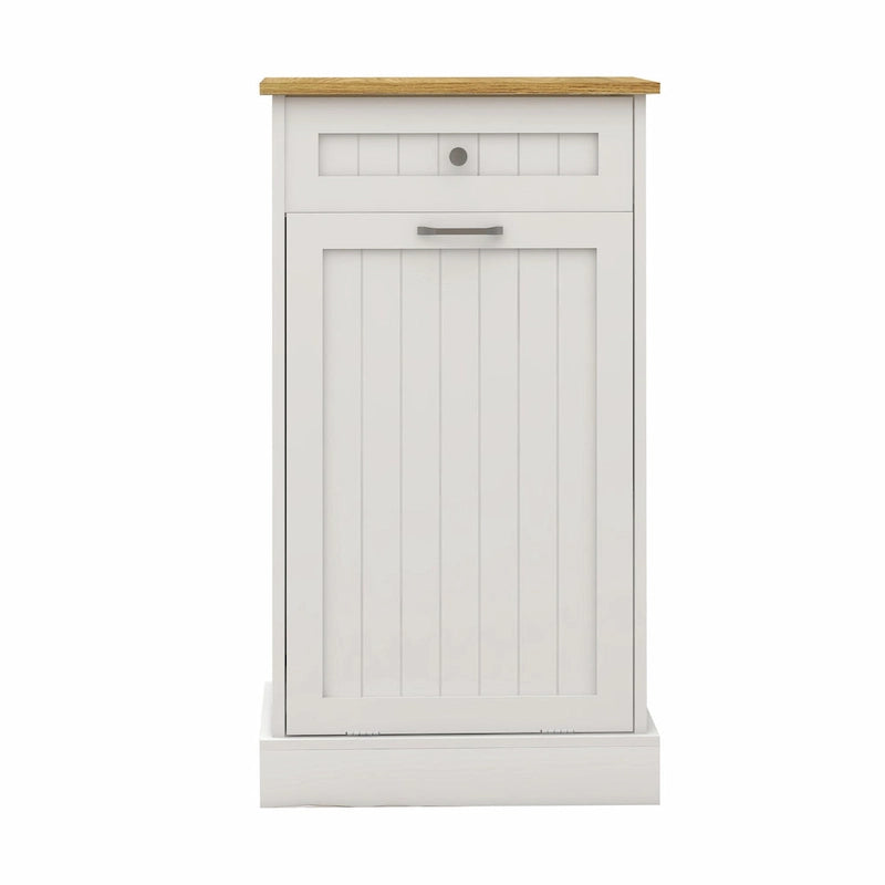 White Tilt-Out Trash Cabinet with Drawer - Single Compartment for Kitchen