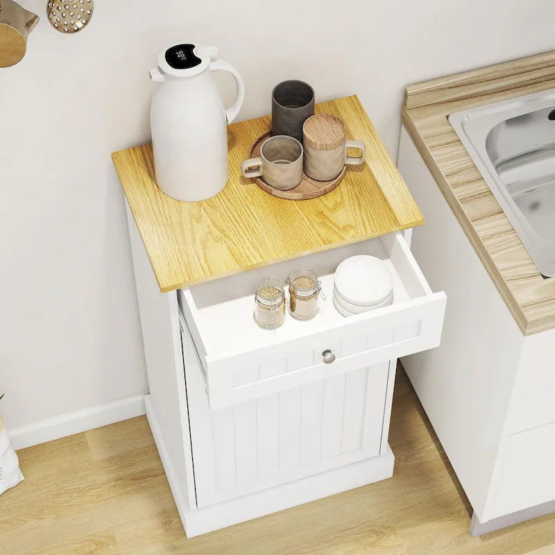 White Tilt-Out Trash Cabinet with Drawer - Single Compartment for Kitchen