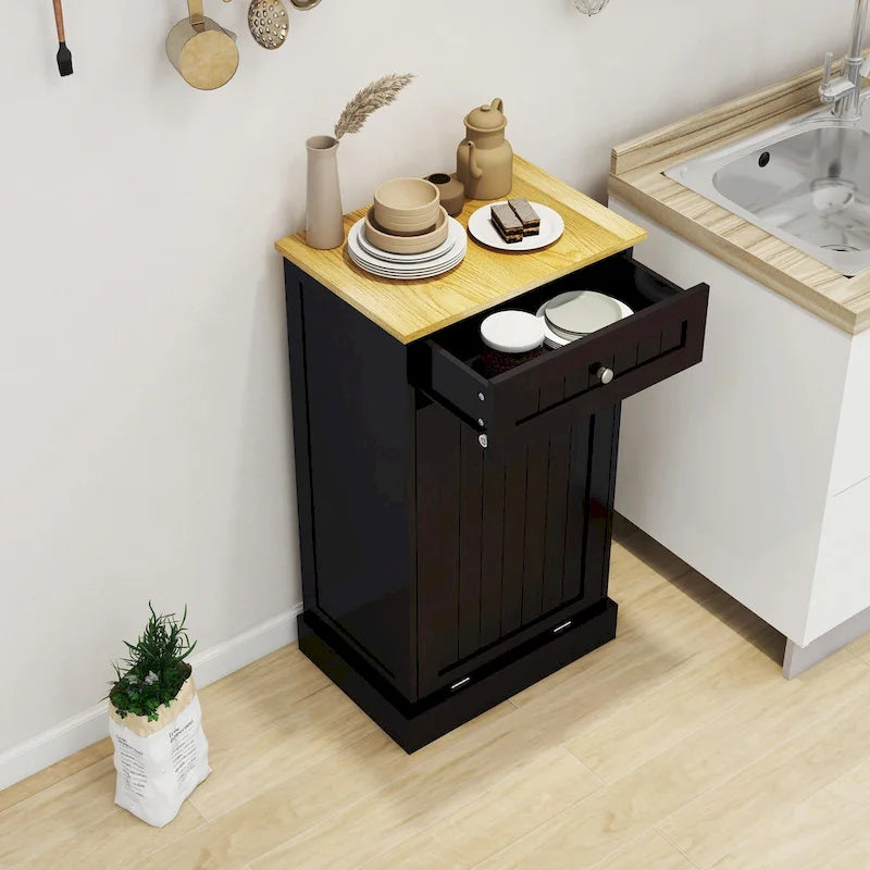 White Tilt-Out Trash Cabinet with Drawer - Single Compartment for Kitchen