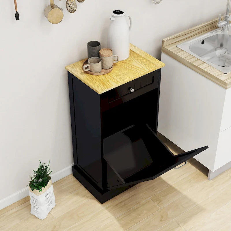 White Tilt-Out Trash Cabinet with Drawer - Single Compartment for Kitchen