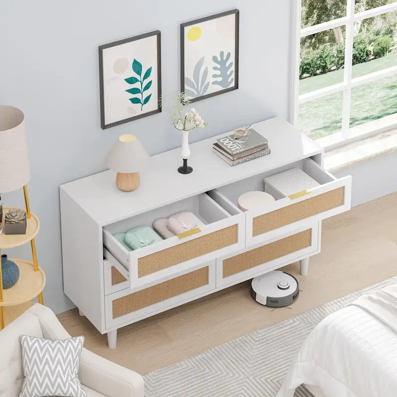 White Rattan Storage Cabinet with 6 Drawers