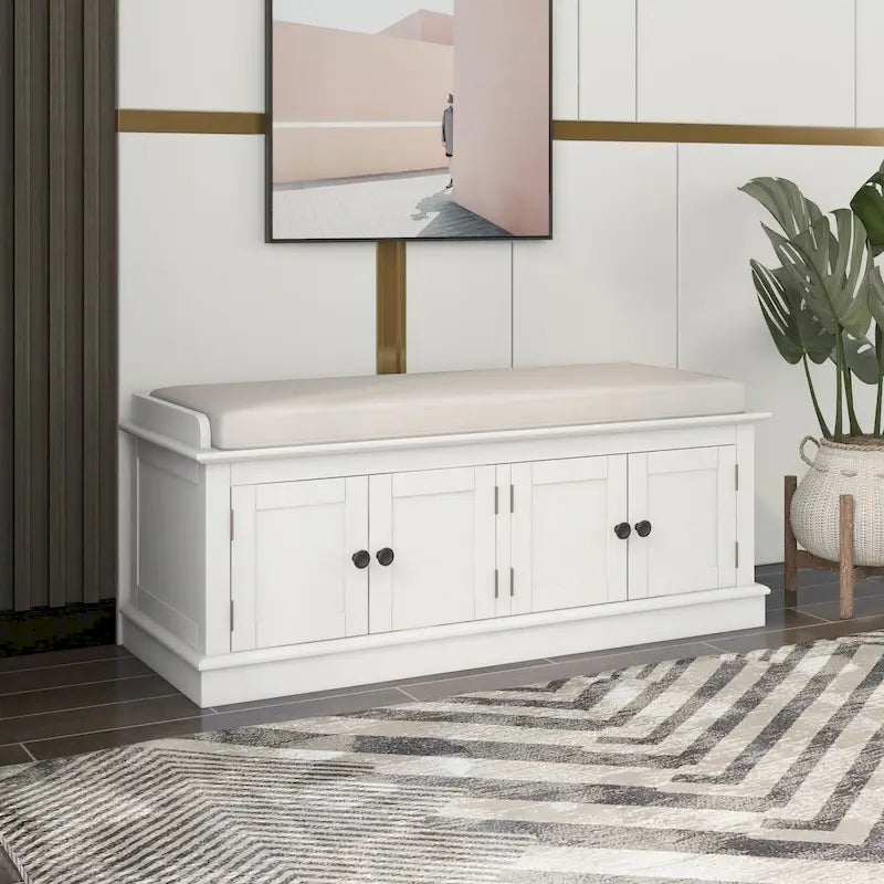 Birch Wood Storage Bench with Cushioned Seat - 4 Doors & Adjustable Shelves