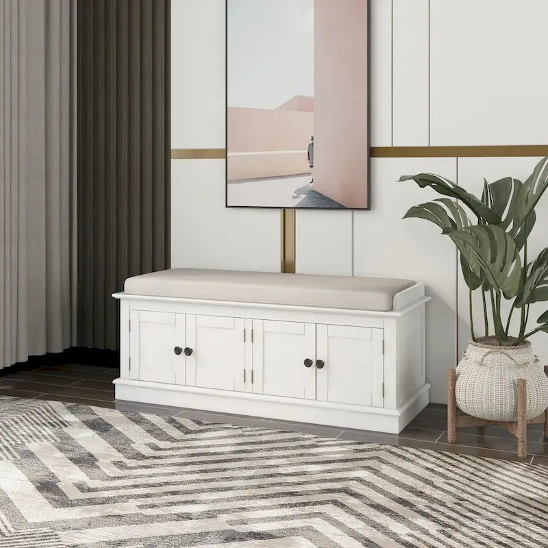 Birch Wood Storage Bench with Cushioned Seat - 4 Doors & Adjustable Shelves