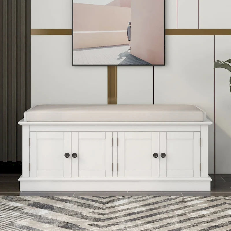 Birch Wood Storage Bench with Cushioned Seat - 4 Doors & Adjustable Shelves