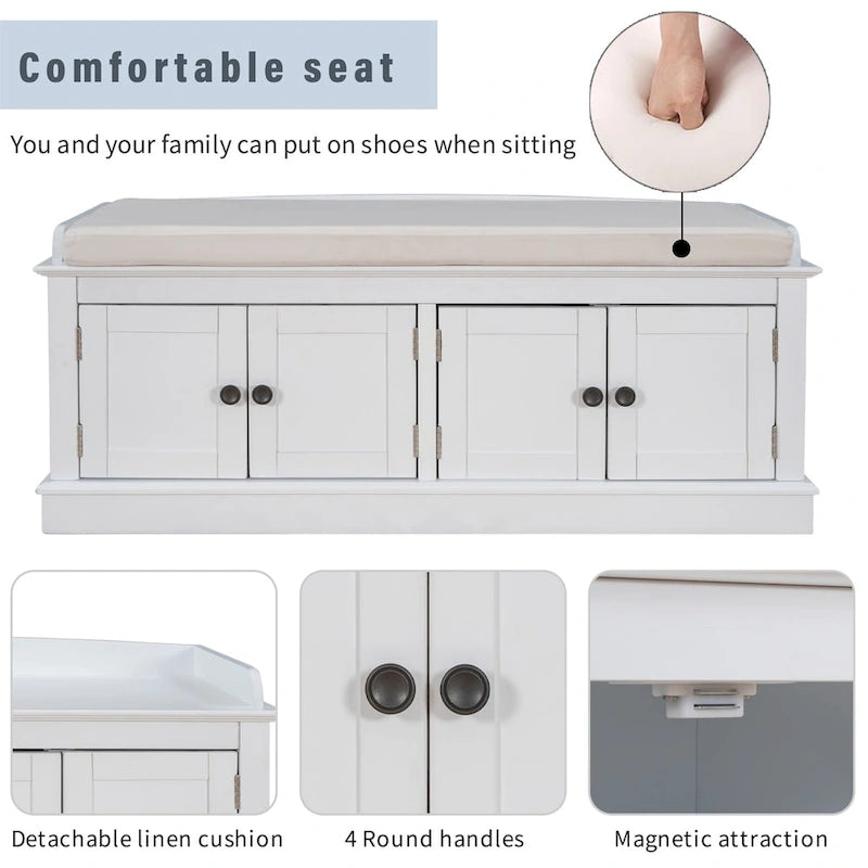 Birch Wood Storage Bench with Cushioned Seat - 4 Doors & Adjustable Shelves