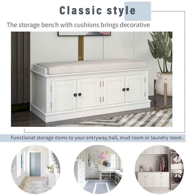 Birch Wood Storage Bench with Cushioned Seat - 4 Doors & Adjustable Shelves