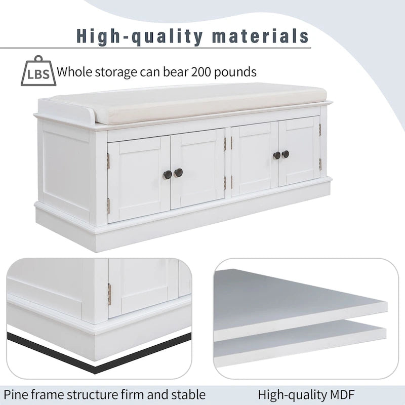 Birch Wood Storage Bench with Cushioned Seat - 4 Doors & Adjustable Shelves