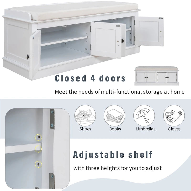 Birch Wood Storage Bench with Cushioned Seat - 4 Doors & Adjustable Shelves