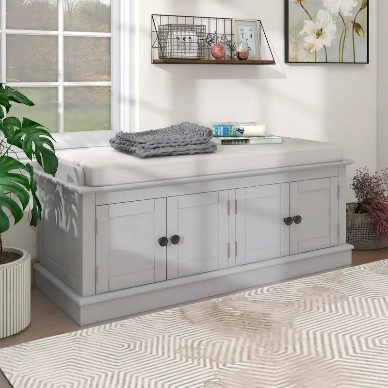 Birch Wood Storage Bench with Cushioned Seat - 4 Doors & Adjustable Shelves