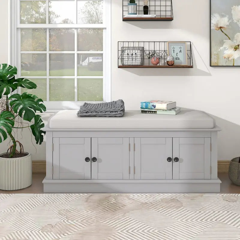 Birch Wood Storage Bench with Cushioned Seat - 4 Doors & Adjustable Shelves