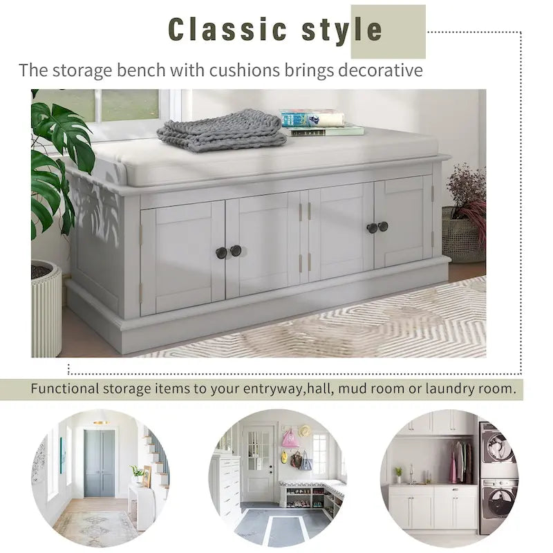 Birch Wood Storage Bench with Cushioned Seat - 4 Doors & Adjustable Shelves