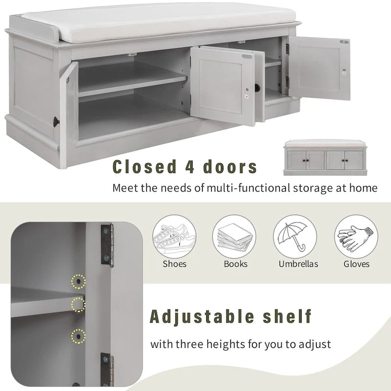 Birch Wood Storage Bench with Cushioned Seat - 4 Doors & Adjustable Shelves