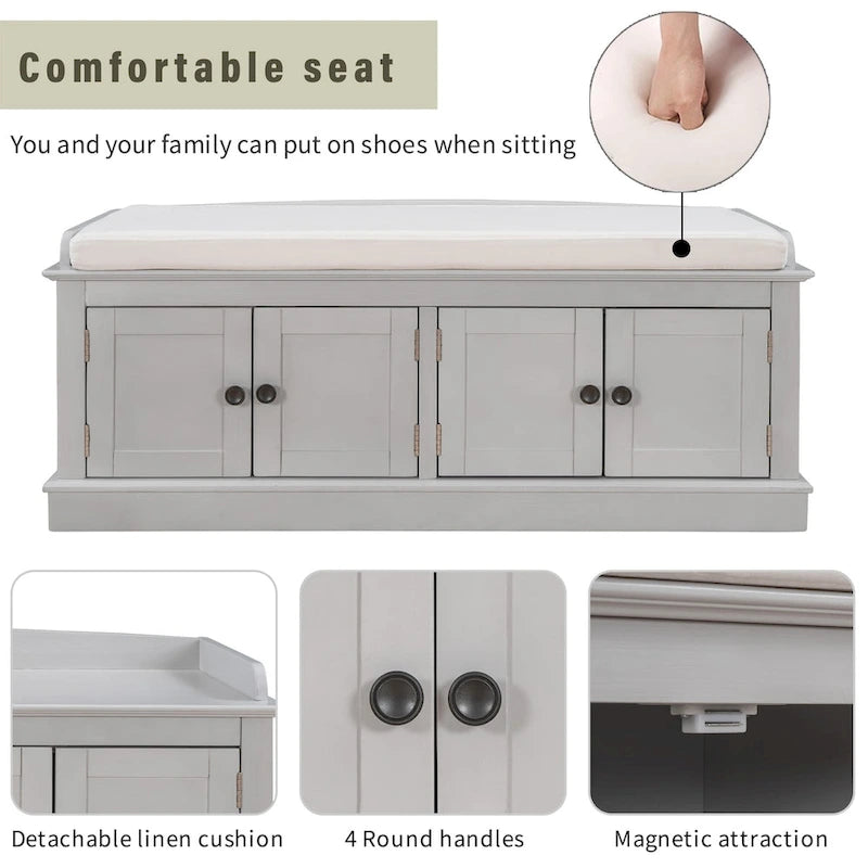 Birch Wood Storage Bench with Cushioned Seat - 4 Doors & Adjustable Shelves