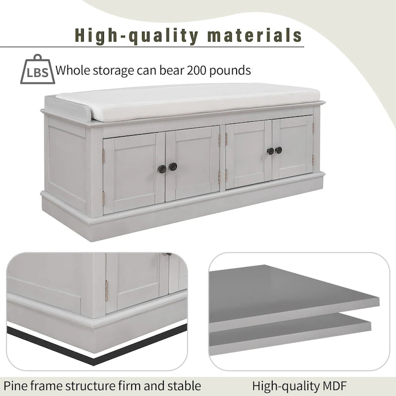Birch Wood Storage Bench with Cushioned Seat - 4 Doors & Adjustable Shelves