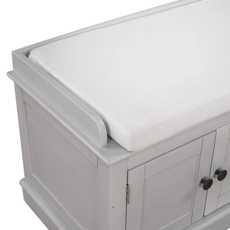 Birch Wood Storage Bench with Cushioned Seat - 4 Doors & Adjustable Shelves