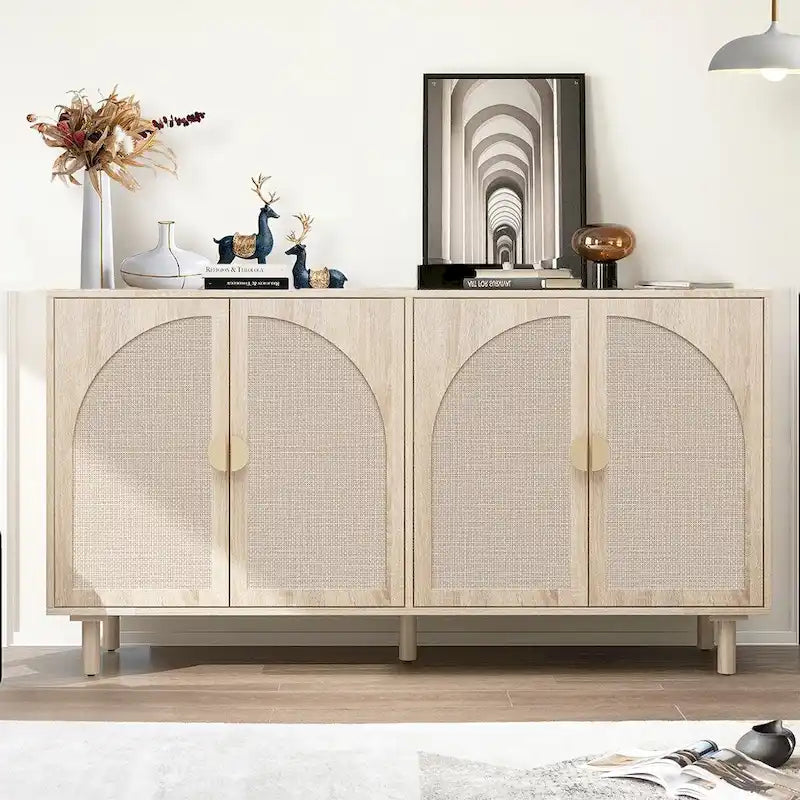 Natural Rattan 4-Door Storage Cabinet with Adjustable Shelves