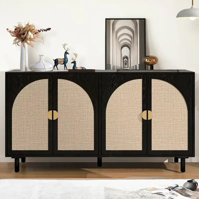 Natural Rattan 4-Door Storage Cabinet with Adjustable Shelves
