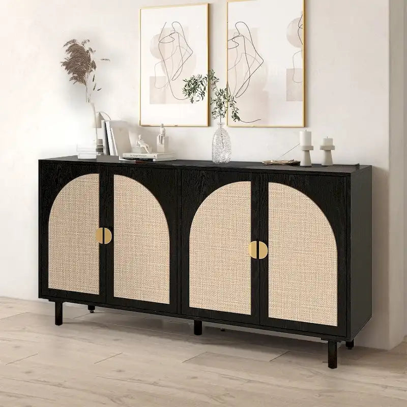 Natural Rattan 4-Door Storage Cabinet with Adjustable Shelves