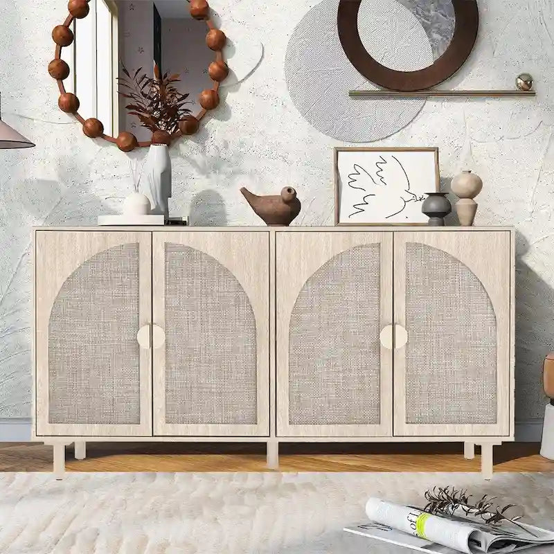 Natural Rattan 4-Door Storage Cabinet with Adjustable Shelves