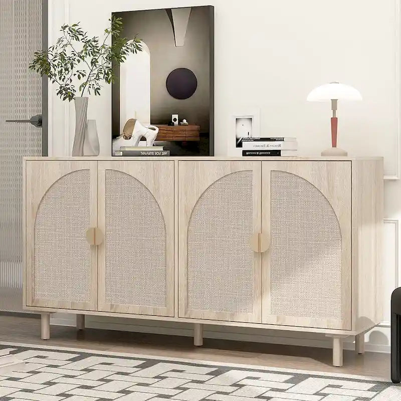 Natural Rattan 4-Door Storage Cabinet with Adjustable Shelves